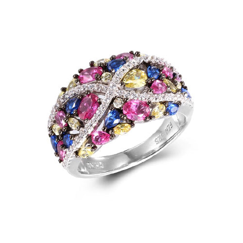 Fashion Ring with Glittering Color Stone Cubic Zircon accents Silver 925