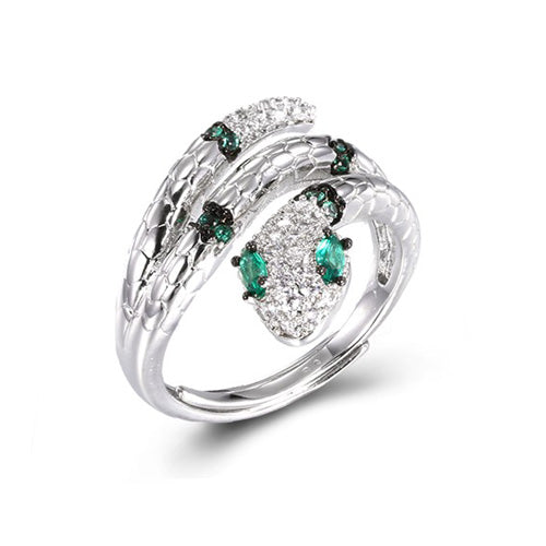 Elegant Silver 925 Fashion Snake Ring with Glittering Green Stone Cubic Zircon