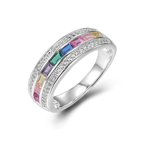 Fashion Ring with Glittering Mix Color Stone and Shimmering Accents Silver 925