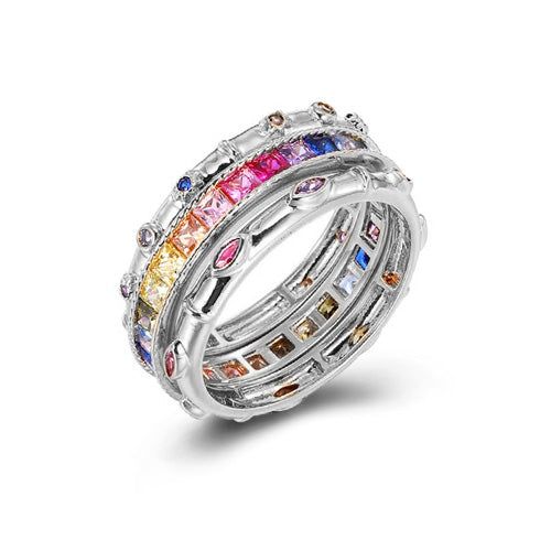 Dazzling Silver 925 Set Band Ring with Glittering Color Stone Cubic Zircon