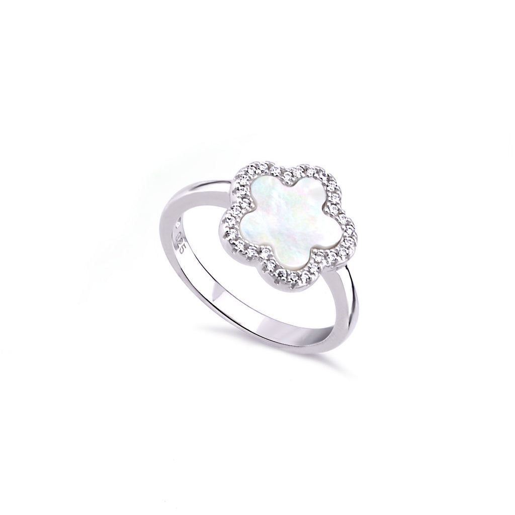 Stunning Silver 925 Fashion Ring with High-Quality Cubic Zircon and Flower Shape Mother of Pearl