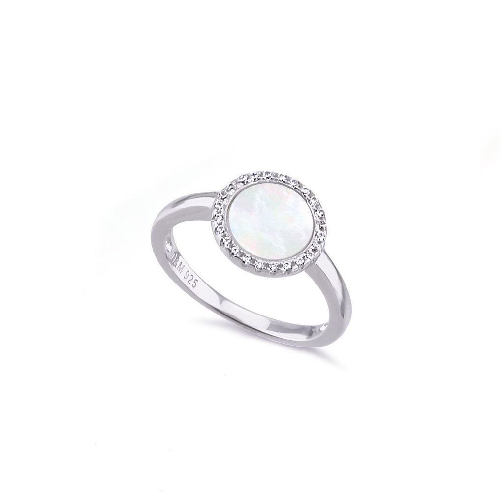 Luxurious Silver 925 Fashion Ring with Sparkling Cubic Zircons and Mother of Pearl