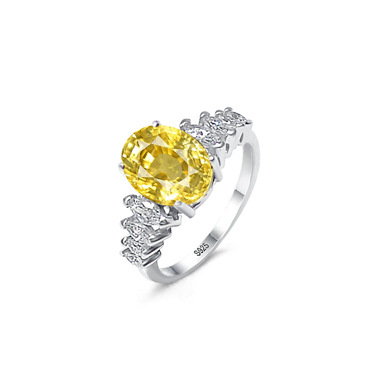 Silver Ring- Oval Cut Yellow Amethyst- Comfort Fit Design