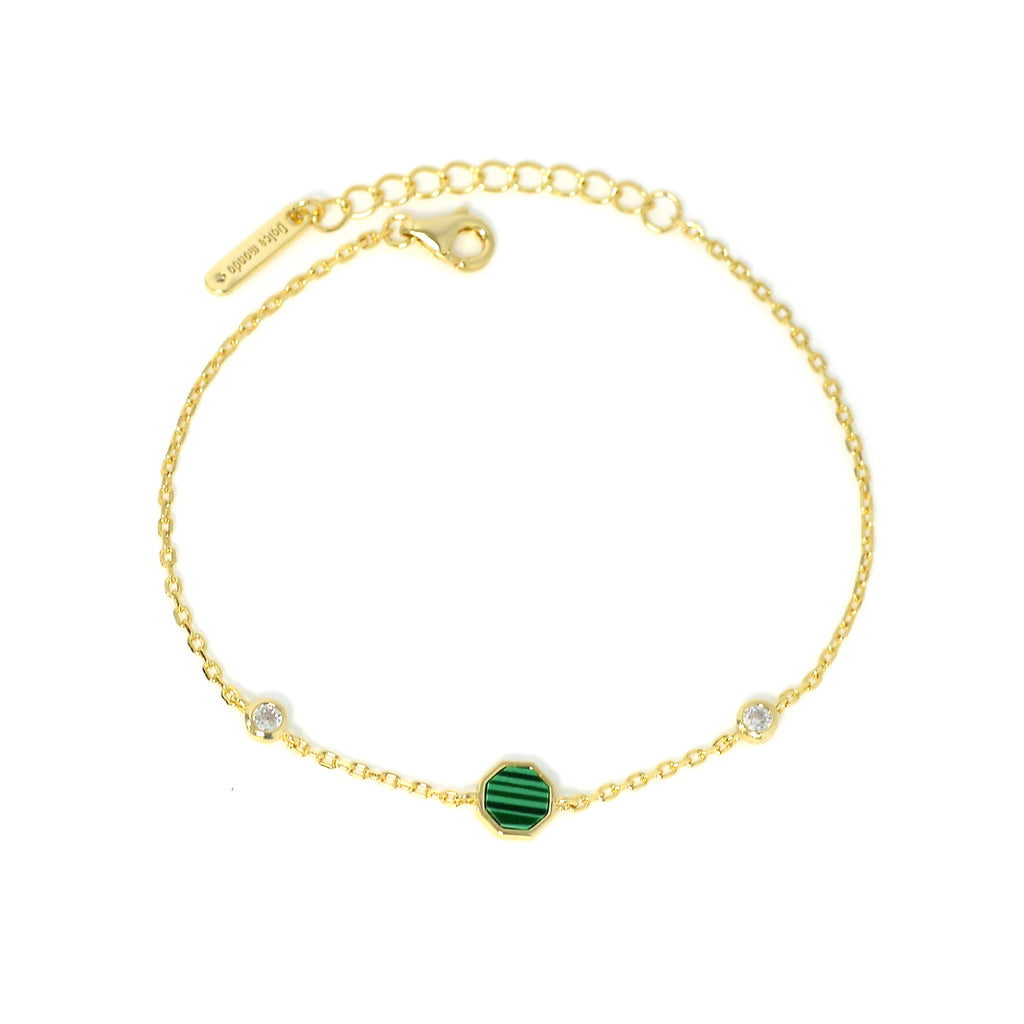 Stunning Silver Zircon Bracelet with Circular Shaped Malachite and Cubic Zircons
