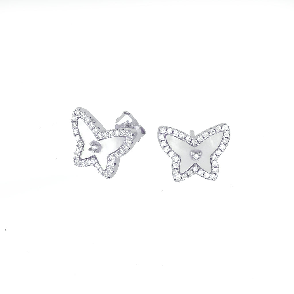Exquisite Silver Butterfly Stud Earrings with Mother of Pearl and Cubic Zircon Accents