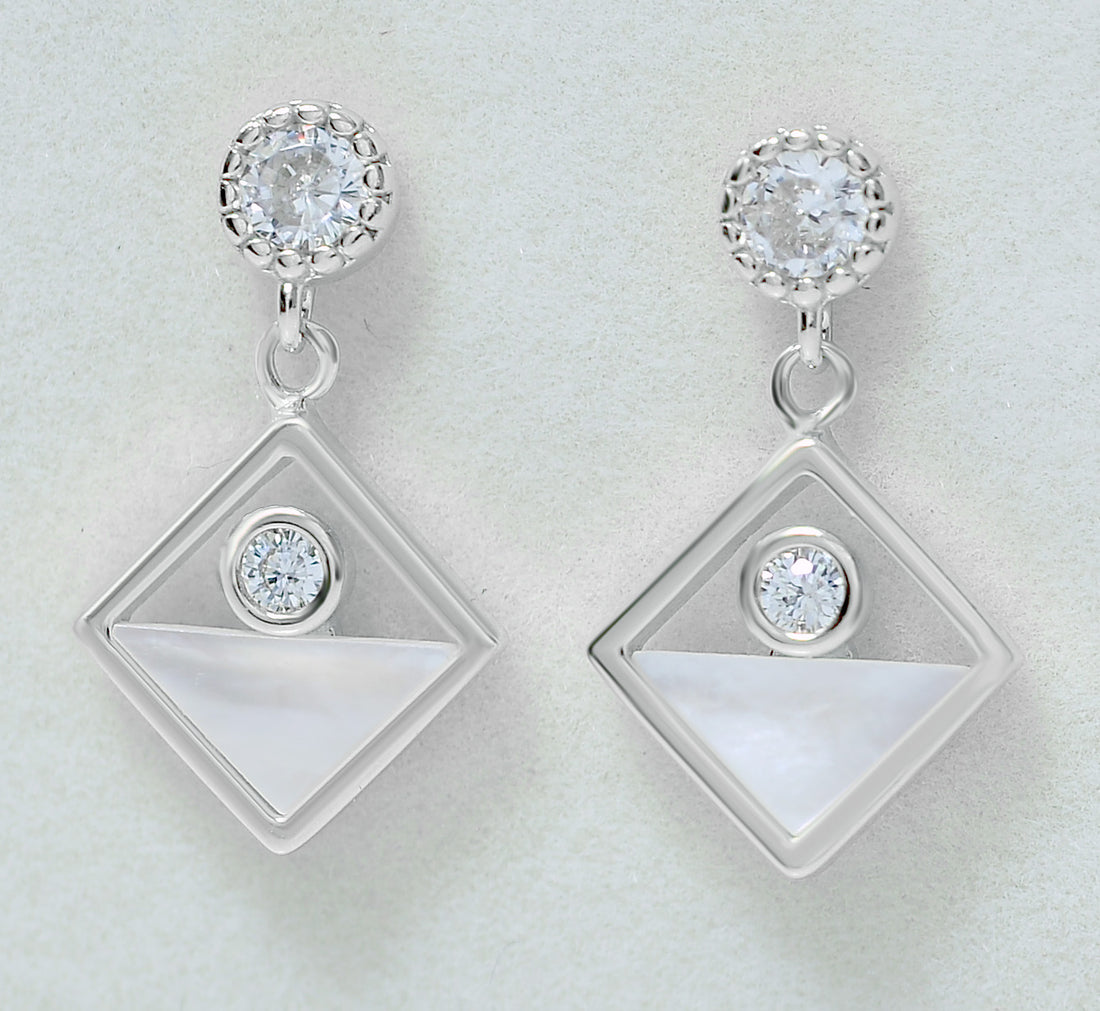 Charm Rhombus Mother of Pearl Stud Earrings - Elegant 925 Silver with Sparkling Cubic Zircons