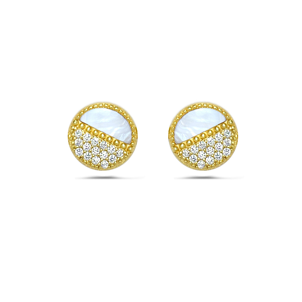 Elegant Half Moon with Mother of Pearl Round Stud Earrings - Sparkling 925 Silver
