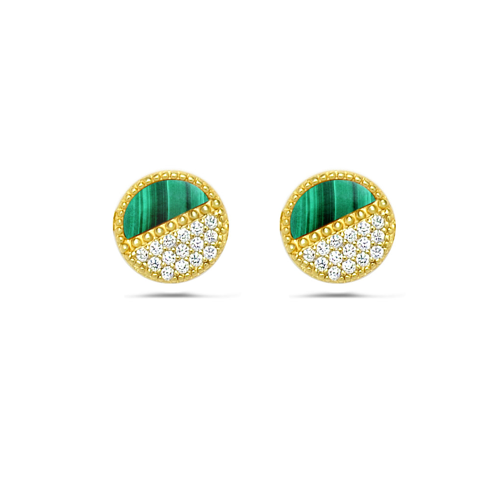 Elegant Half Moon with Green Malachite Round Stud Earrings - Sparkling 925 Silver - High Quality Cubic Zirconia