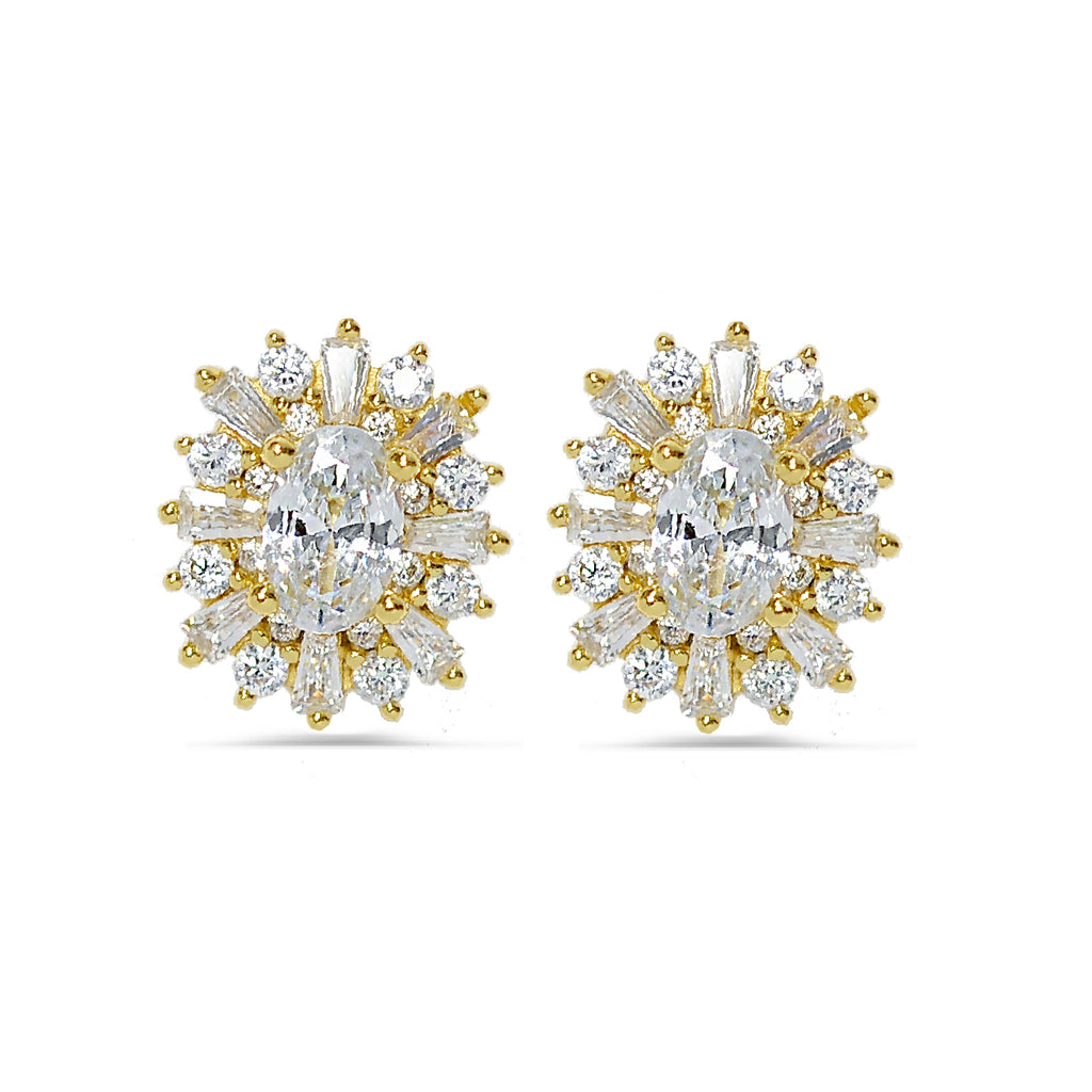Sparkling Silver 925 Stud Earrings - Elegant Oval Flower Design with High-Quality Zircons