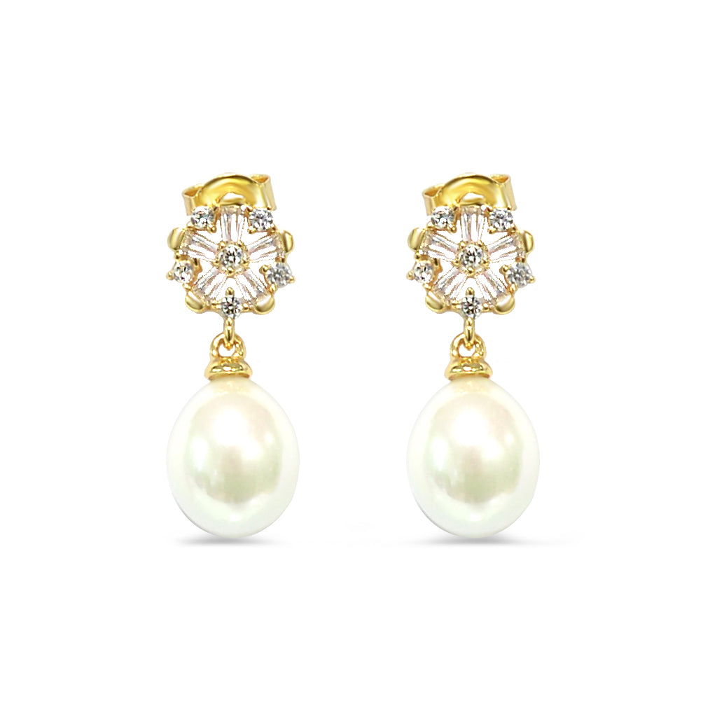 High Quality Silver 925 Earrings with Sparkling Cubic Zirconia & Elegant Drop Pearl