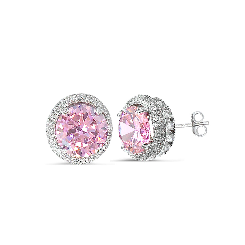 Silver 925 Solitaire Circle Stud Earrings With Pink Stone - High Quality Zircons