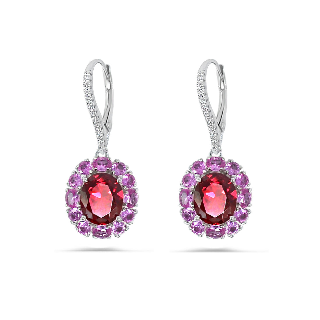 Stunning 925 sterling silver hanging latch back lock earrings - with high quality red zircon stones