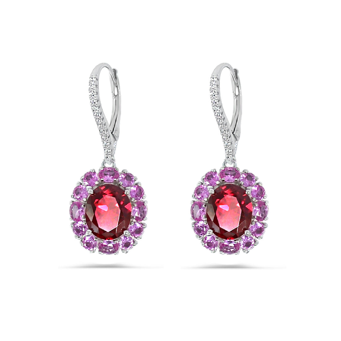 Stunning 925 sterling silver hanging latch back lock earrings - with high quality red zircon stones