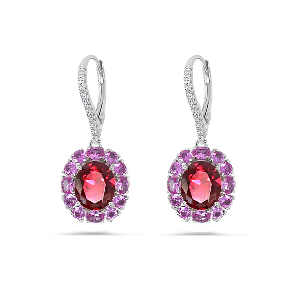 Stunning 925 sterling silver hanging latch back lock earrings - with high quality red zircon stones