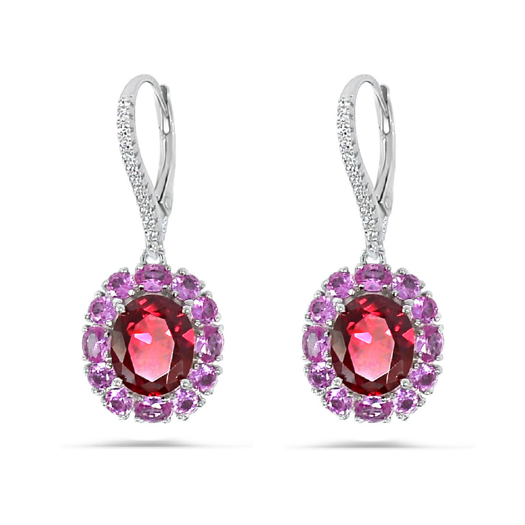 Stunning 925 sterling silver hanging latch back lock earrings - with high quality red zircon stones