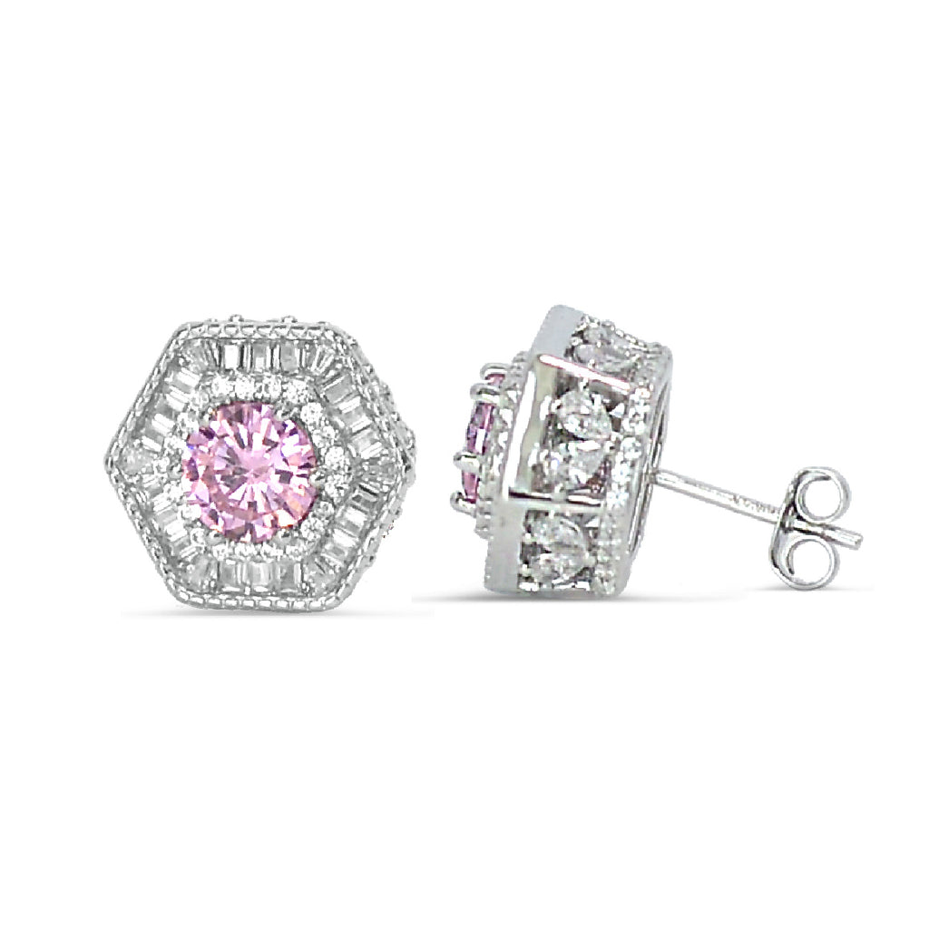 Elegant Earrings Silver 925 Hexagon Shape with Sparkling Cubic Zirconia and Glamorous Pink Stones