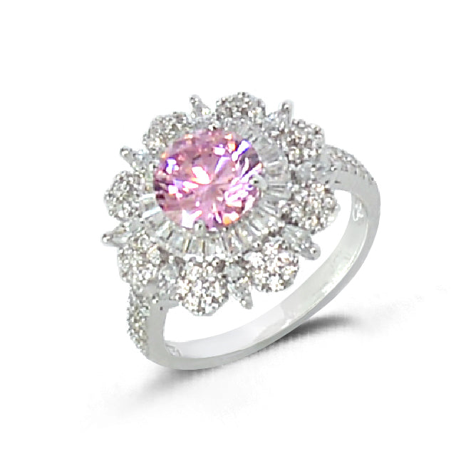 DolCe Mondo Silver 925 Fashion Flower Ring with Glittering Pink Stone Cubic Zircon