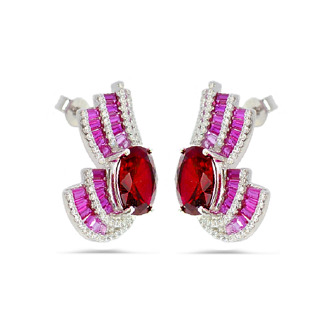 Stylish Sterling Silver 925 Earrings - With Red Stone & High-Quality Cubic Zircons