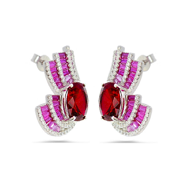 Stylish Sterling Silver 925 Earrings - With Red Stone & High-Quality Cubic Zircons