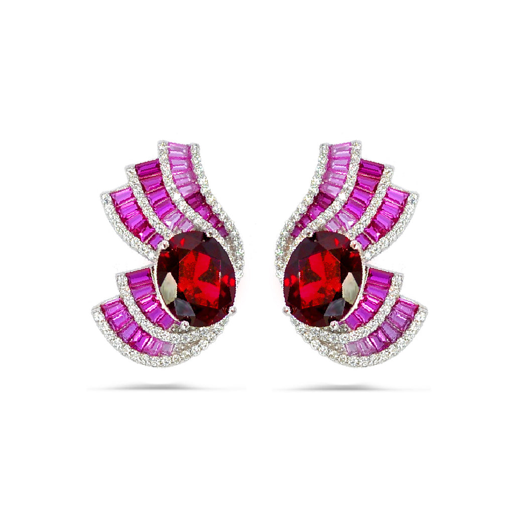 Stylish Sterling Silver 925 Earrings - With Red Stone & High-Quality Cubic Zircons