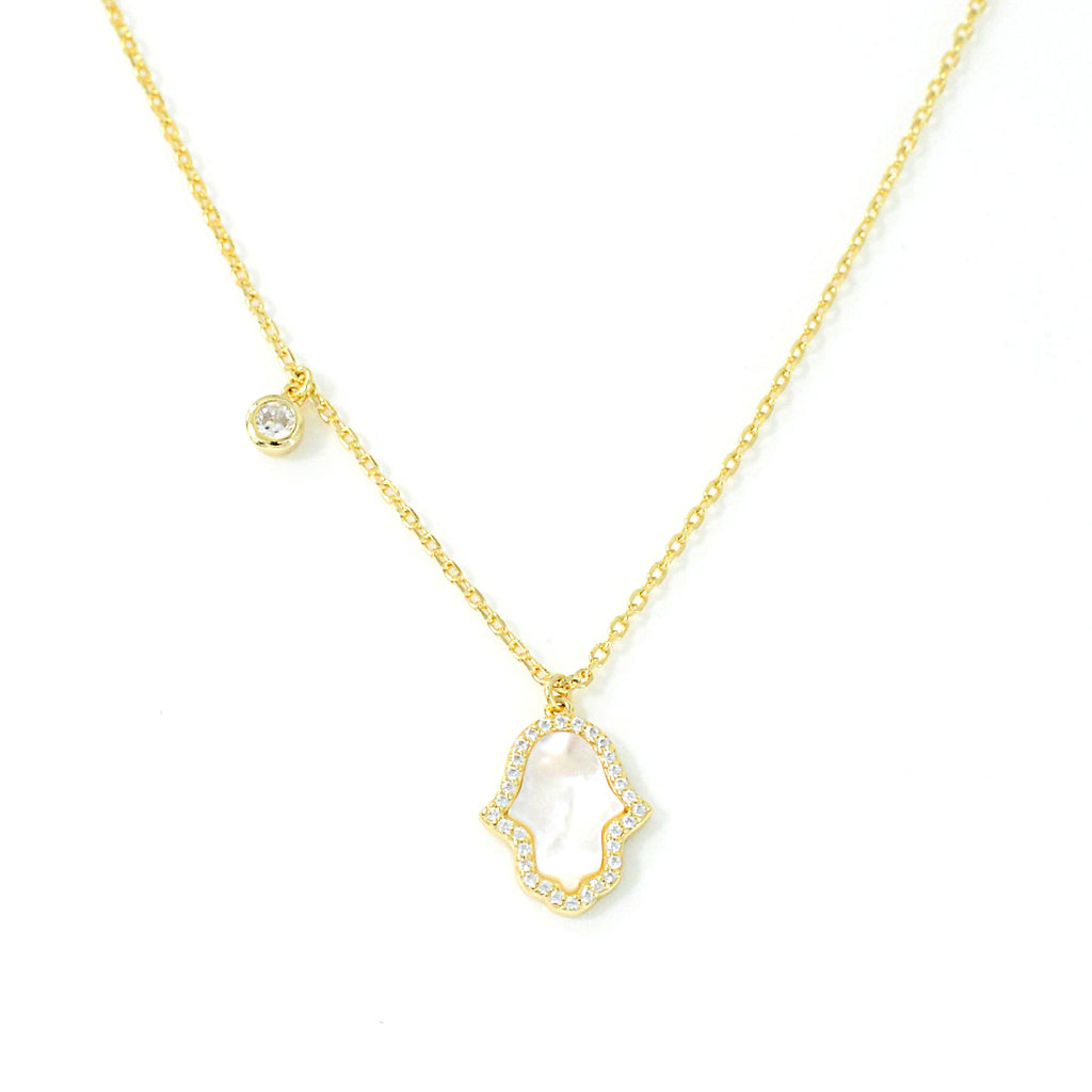 Exquisite Silver Necklace with Hand-Shaped Mother of Pearl Pendant and High-Quality Cubic Zircons
