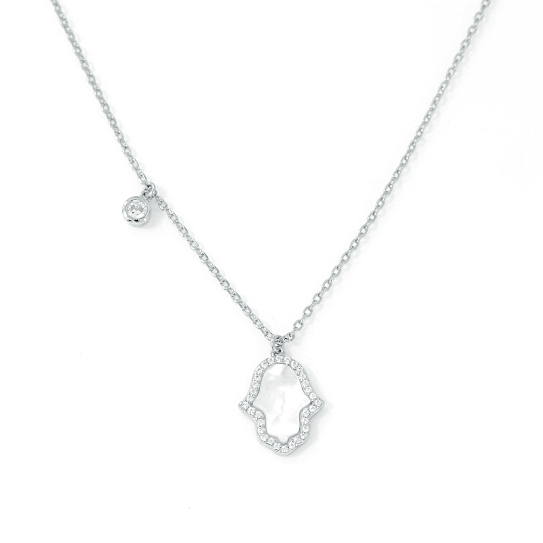 Exquisite Silver Necklace with Hand-Shaped Mother of Pearl Pendant and High-Quality Cubic Zircons