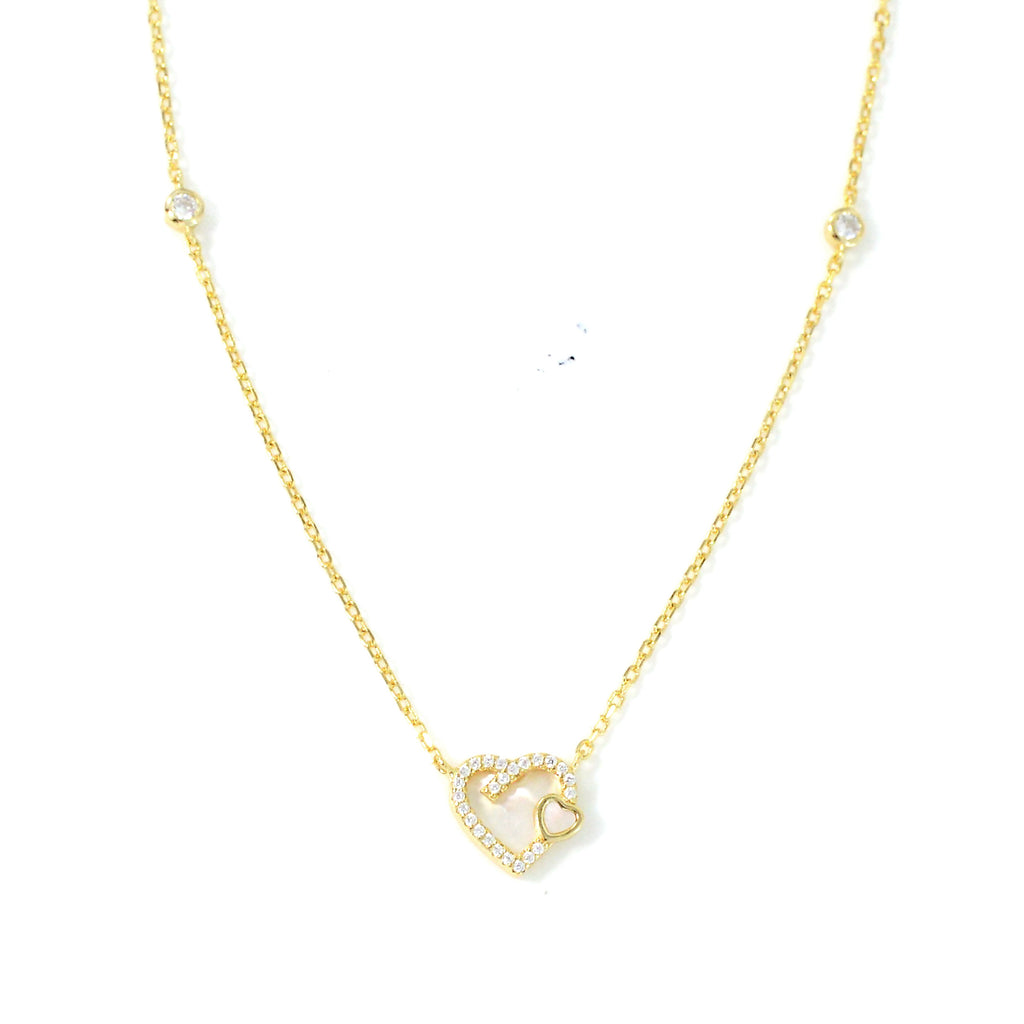 Elegant Silver Necklace with Heart Shape Mother of Pearl and Sparkling Zircons