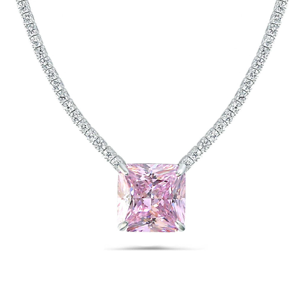 Dolce Mondo Silver 925 Tennis Necklace - Luxurious Pink Stone Zircon Elegance