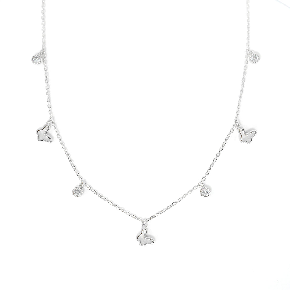 Exquisite Dolce Mondo Silver Charm Butterfly Necklace with mother pearl and Sparkling Cubic Zirconia