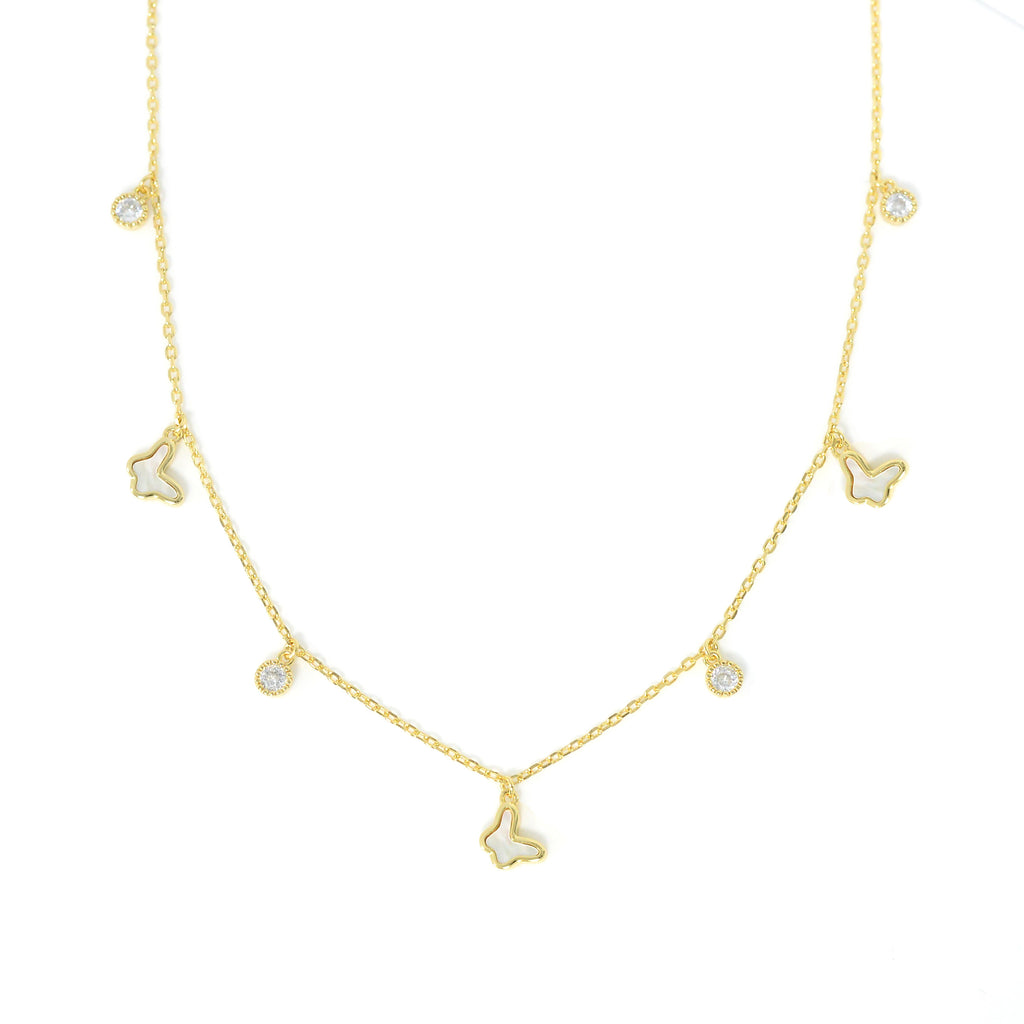 Exquisite Dolce Mondo Silver Charm Butterfly Necklace with mother pearl and Sparkling Cubic Zirconia