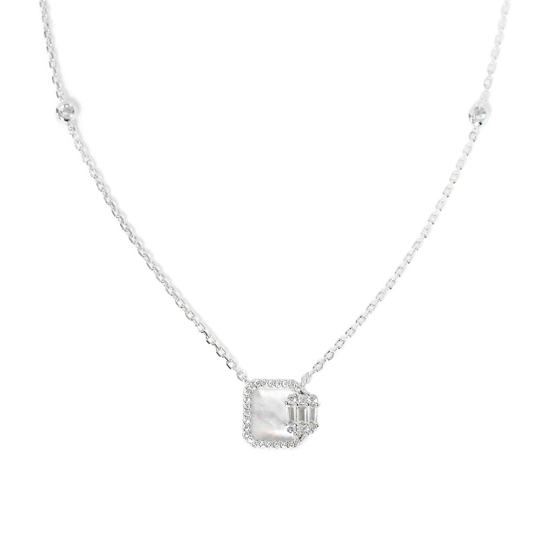 Dolce Mondo Elegant Silver Necklace with Mother of Pearl Pendant and Cubic Zircons