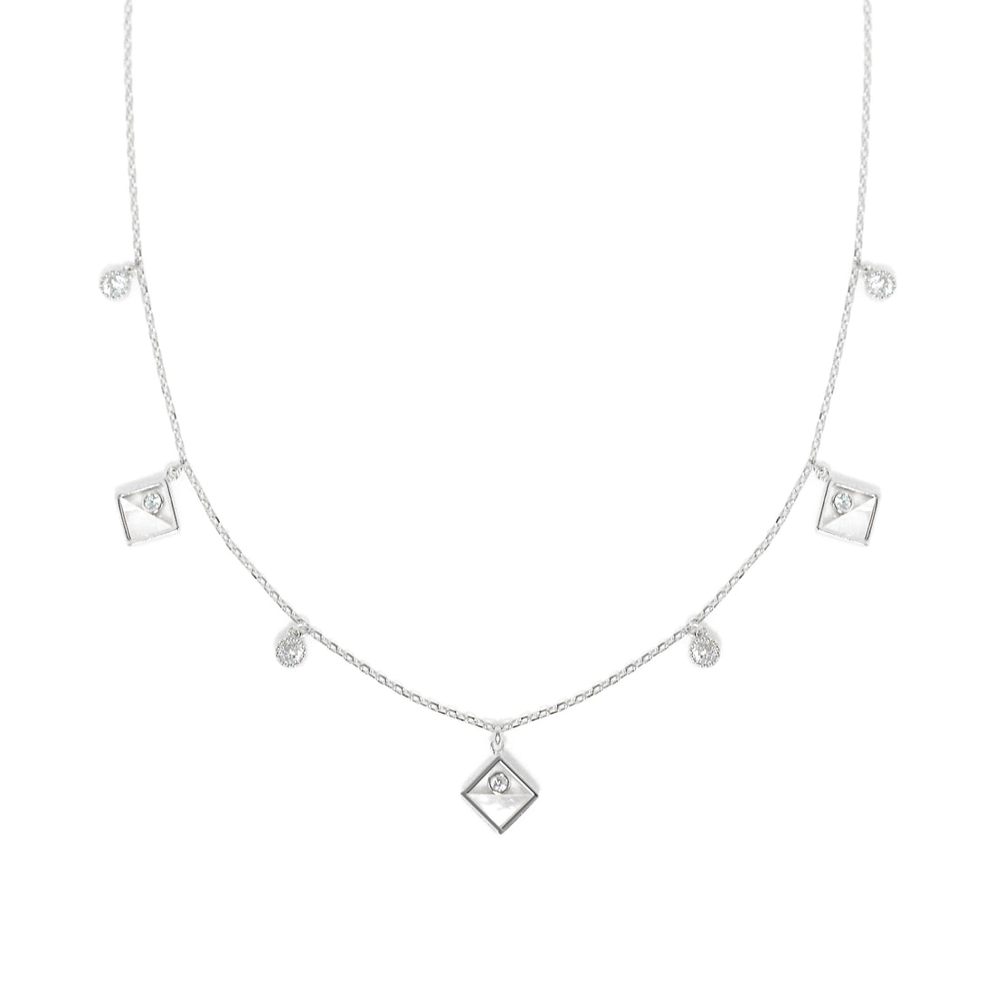 Exquisite Dolce Mondo Silver Charm Square Necklace with mother pearl and Sparkling Cubic Zirconia