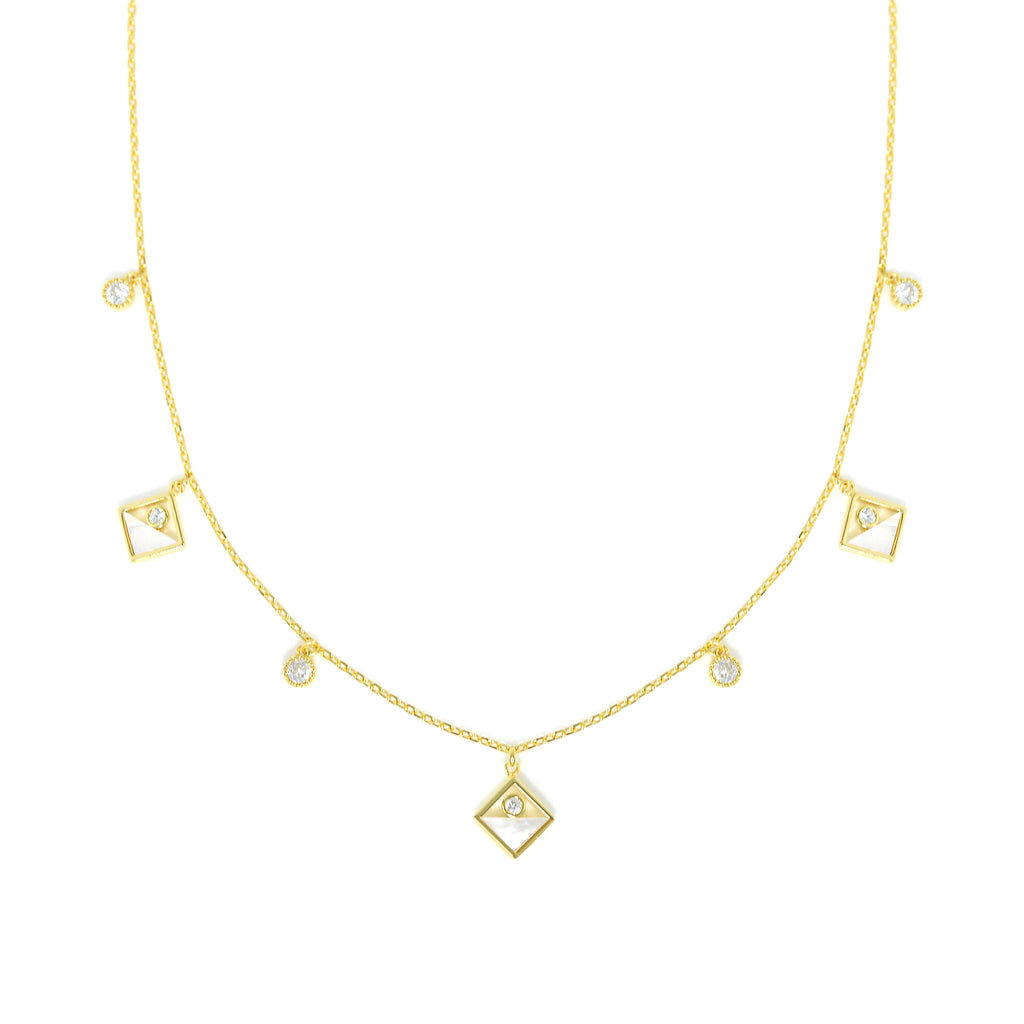 Exquisite Dolce Mondo Silver Charm Square Necklace with mother pearl and Sparkling Cubic Zirconia