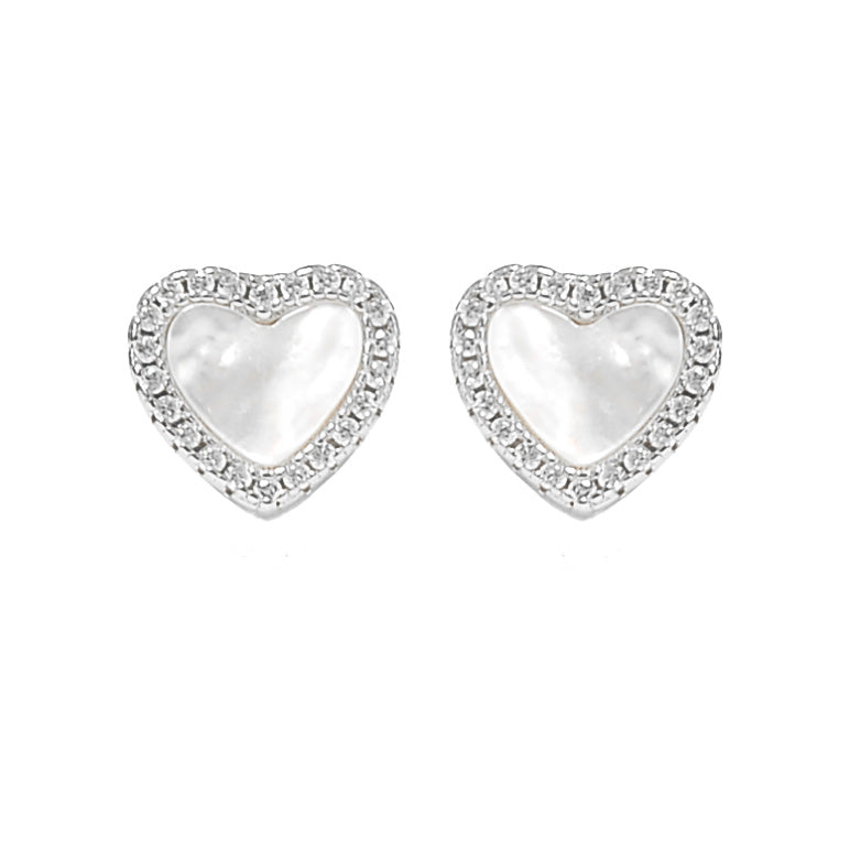 Heart Mother of Pearl Stud Earring - Elegant 925 Silver with Sparkling Cubic Zircons