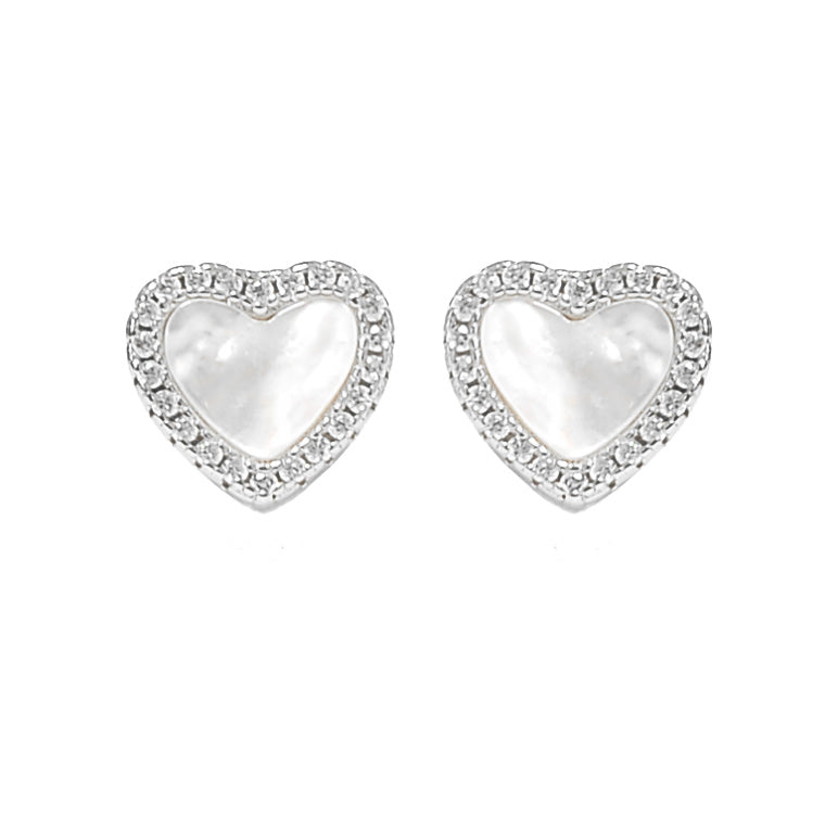 Heart Mother of Pearl Stud Earring - Elegant 925 Silver with Sparkling Cubic Zircons