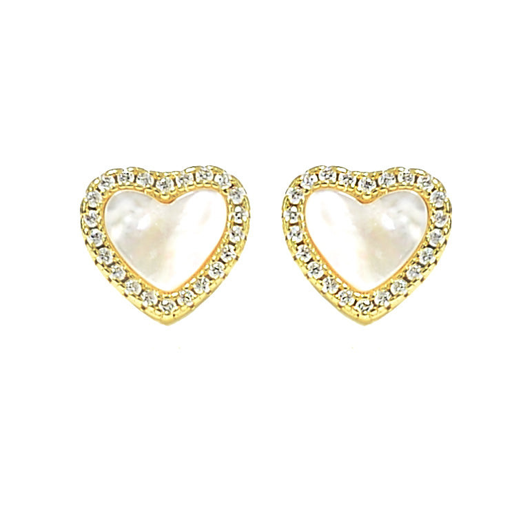Heart Mother of Pearl Stud Earring - Elegant 925 Silver with Sparkling Cubic Zircons